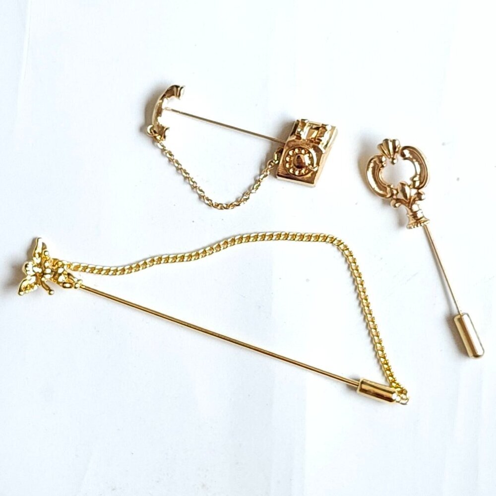 AVON HAT PIN LOT of 3 Gold Tone CHERUB FLEUR DE LIS Vintage Rotary Phone